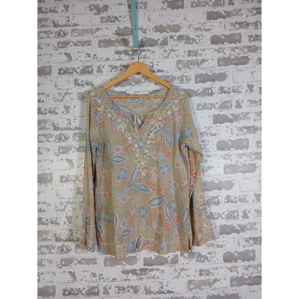 Floral Embroidered Hippie Peasant Top Size Medium Brown Cottagecore Tassle‎